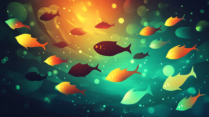 A colorful underwater scene featuring various stylized fish swimming in a vibrant environment.