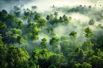 Obraz premium Lush Green Forest with Dense Fog and Mystical Atmosphere Showcasing the Beauty of Nature at Dawn in a Tropical Rainforest Landscape