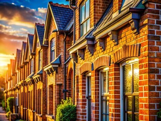 Obraz premium Macro View of Colorful Row Houses, Detailed Brickwork and Architectural Elements