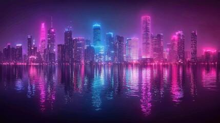 Fototapeta premium Neon Cityscape Night Reflection Waterfront Skyline.