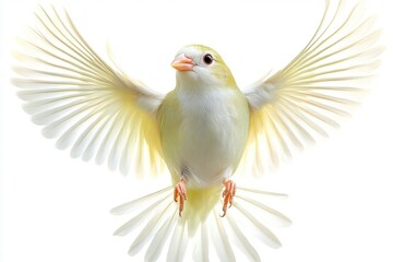 Obraz premium Yellow Bird in Flight with Expansive Wings Against White Background