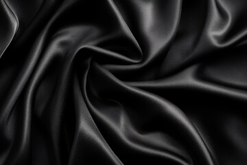 Obraz premium Luxurious black satin fabric with flowing texture showcasing elegant folds and smooth surface ideal for fashion, upholstery, and high-end design projects, creating a dramatic backdrop.