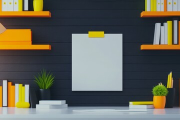 Modern Office Workspace Mockup - Clean workspace, blank poster, orange shelves, plants, books; symbolizes productivity, organization, creativity, minimalism, design.