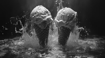 Obraz premium Two Ice Cream Cones Splashing in Water with Whipped Cream Topping