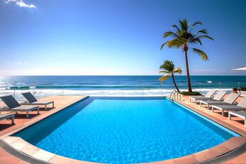 Fototapeta premium Swimming pool with palm trees and sun loungers on the beach. Generative ai