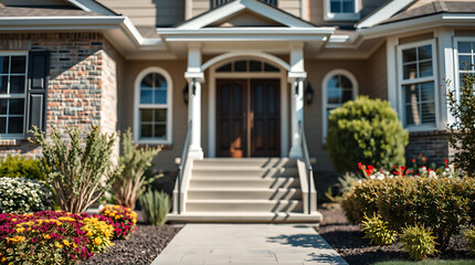 A tan house with stone accents features a covered entryway with double doors and a set of stairs leading to a walkway.  Landscaping includes shrubs and flowerbeds.