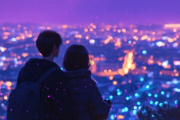 Obraz premium A couple exploring a beautifully illuminated city at night. A couple strolling through a vibrant city at night, captivated by its colorful lights and romantic energy.