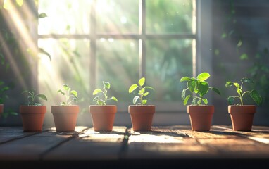 A set of terracotta pots with small green seedlings, placed on a rustic wooden table with sunlight streaming in