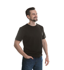 Obraz premium Man in blank black t-shirt on white background. Mockup for design