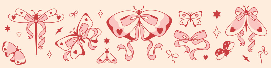 Coquettish set of butterflies, moths, and bows in soft pink hues. Romantic feminine collection. Wide border with insects, aesthetic girly bows and elegant charming ribbons
