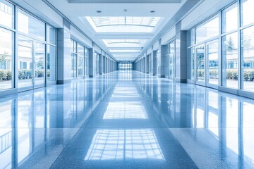 Fototapeta premium Modern Architectural Corridor with Glass Walls and Glossy Floor