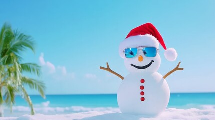 Snowman Beach Holiday - Snowman, sunglasses, beach, palm tree, Santa hat; symbolizing fun, contrast, vacation, joy, and the unexpected.