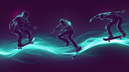 Obraz premium A stylized illustration of skateboarders performing tricks with dynamic motion effects.