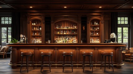 Elegant wooden bar interior with liquor display and seating area