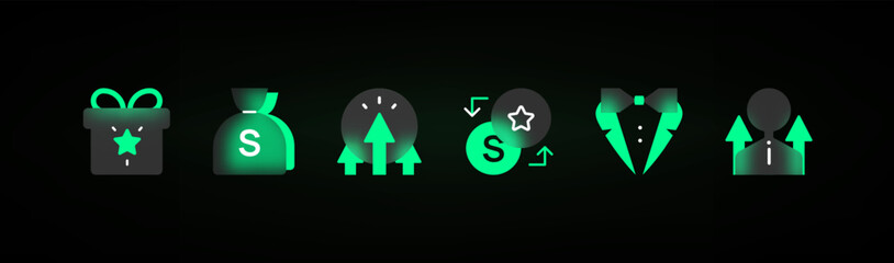 Realistic glassmorphism green UI icons set. 