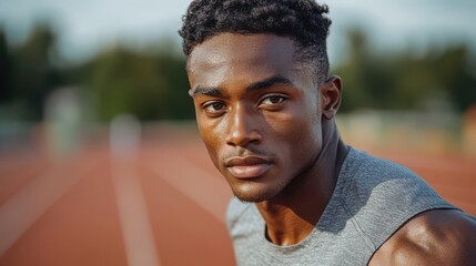 Fototapeta premium Athletic Black Man Resting on Running Track Portrait Fitness Strength Outdoors