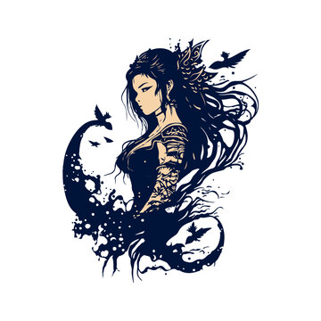 recommend clip art: fantasy creatures girl silhouette, Mermaid silhouette isolated on white background. Girl with fishtail. Mythology fairy character. Ocean siren. Sea maid. Water nymph. Sea life creature.