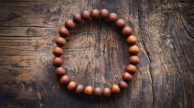 A threaded string of wooden beads placed in a circular pattern on a wooden table