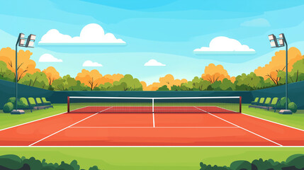 A flat vector illustration of a tennis court, featuring clean lines and a simple design for a minimalist background.