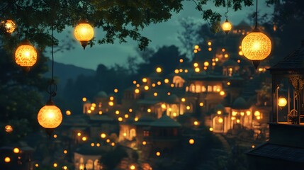 Naklejka premium Amazing glowing Ramadan lanterns, peaceful night atmosphere with beautiful village views