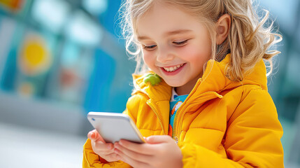 Happy Little Girl in Yellow Jacket Using Smartphone Outdoors