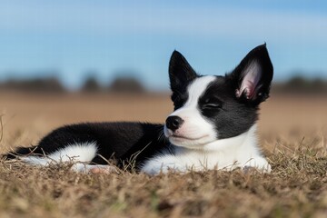 Cute black and white puppy resting on grass in sunny field