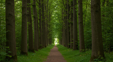 Fototapeta premium Walkway in a green spring beech forest in Leuven, Belgium. Beautiful natural tunnel. Atmospheric landscape. Eco tourism, travel destinations, environmental conservation, pure nature.