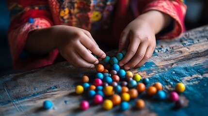 Fototapeta premium A child threading colorful wooden beads with focused hands in the frame