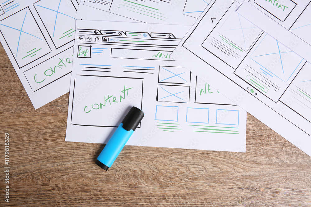 Wall mural developing ui design. sketches of website wireframes and felt pen on wooden table, top view