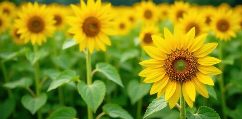 Obraz premium Bright yellow sunflowers in a field of tall green stalks, sunflowers, garden