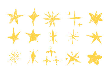Crayon grunge star, sparkle shine light doodle crayon, pencil texture vector set silhouette in different shapes