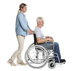 Woman with senior man in wheelchair on white background