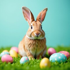 Colorful Easter bunny sitting on green grass surrounded by decorated eggs, spring, holiday, nature