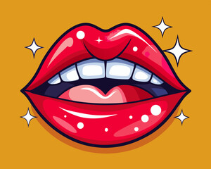 Obraz premium Cartoon Red Lips with Glossy Lipstick and White Teeth – Bold and Glamorous Beauty Illustration