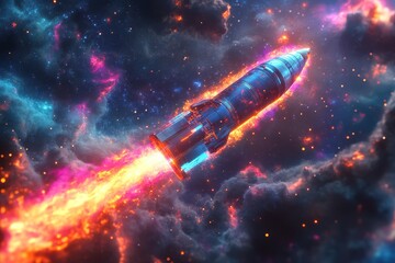 A vibrant rocket shoots through a colorful cosmic scene, leaving a trail of flames against a backdrop of swirling galaxies and stars.