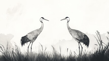 Two graceful cranes face each other in a serene grayscale landscape, their elegant forms mirroring each other against the soft background.