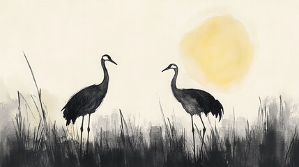 Fototapeta premium Two elegant cranes stand in tall grass under a pale yellow sun. Serene and minimalist.