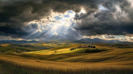 Obraz premium Golden wheat fields under a dramatic cloudy sky with rays of sunlight breaking through, HDR wide-angle