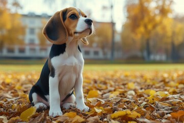 Cute Beagle Puppy Sitting on Colorful Autumn Leaves Outdoors