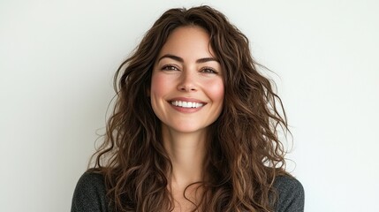 Beautiful brunette woman with long curly hair laughing joyfully, captured in front of a white background