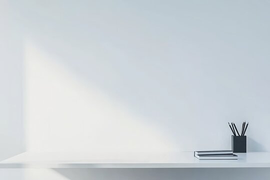 Minimalist white desk with office supplies, copy space  - Powered by Adobe