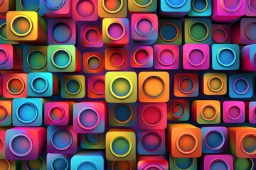 Colorful 3D blocks with circular holes arranged in rows and columns, creating an abstract background with geometric patterns