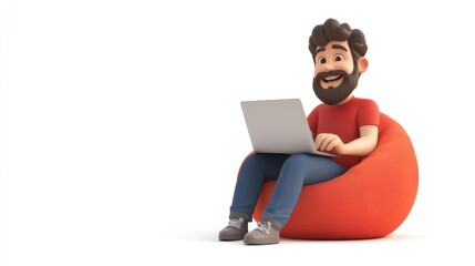 Smiling 3D cartoon man working on laptop sitting on an orange beanbag against a white background with copy space.