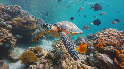 Obraz premium Underwater coral reef teeming with vibrant fish and a sea turtle swimming gracefully