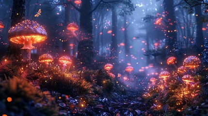 Enchanting Glowing Mushrooms Illuminate A Mystical Forest Path