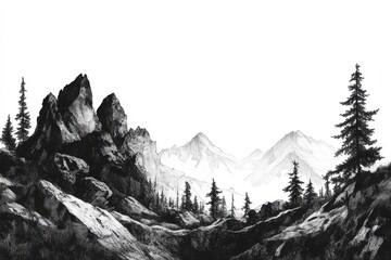 Mountain with Pine Trees and Landscape Black on White Background: A black-and-white sketch of a mountain landscape with pine trees.
