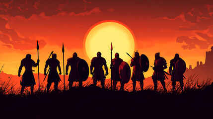 Fototapeta premium Silhouetted warriors standing against a vibrant sunset, symbolizing strength and unity.