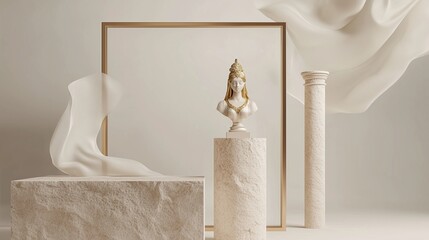 beige stone pillar with metallic gold accents for product stand, 3d rendering of a cosmetic display on an ancient podium with flying cloth

