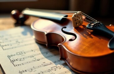 Fototapeta premium A beautiful violin rests gently on top of a carefully arranged sheet of music