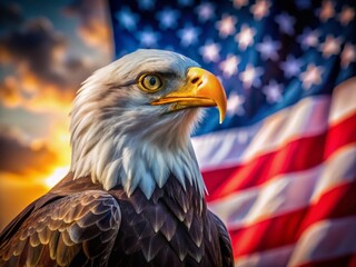 Majestic Bald Eagle Soaring Above American Flag - Tilt-Shift Photography